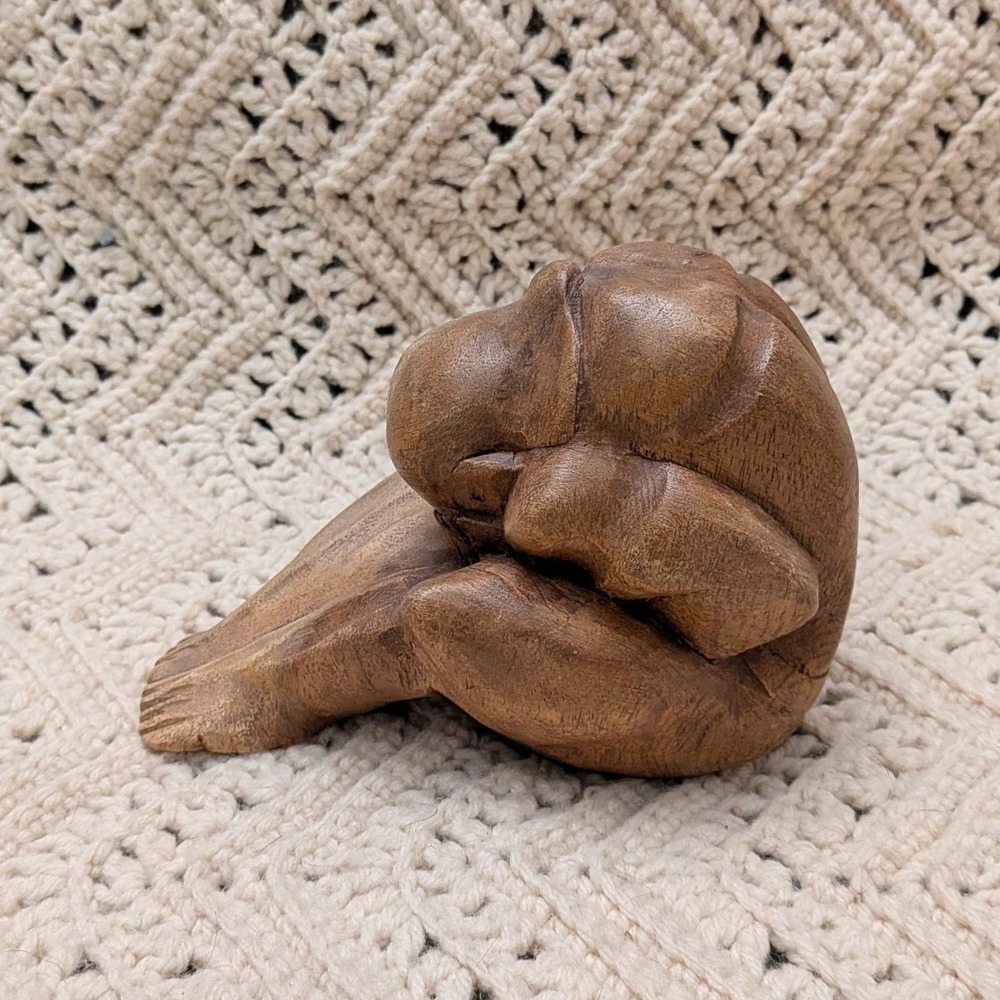 Vintage Hand Carved Wood Weeping Yogi Buddha Meditating Man Sculpture Figurine